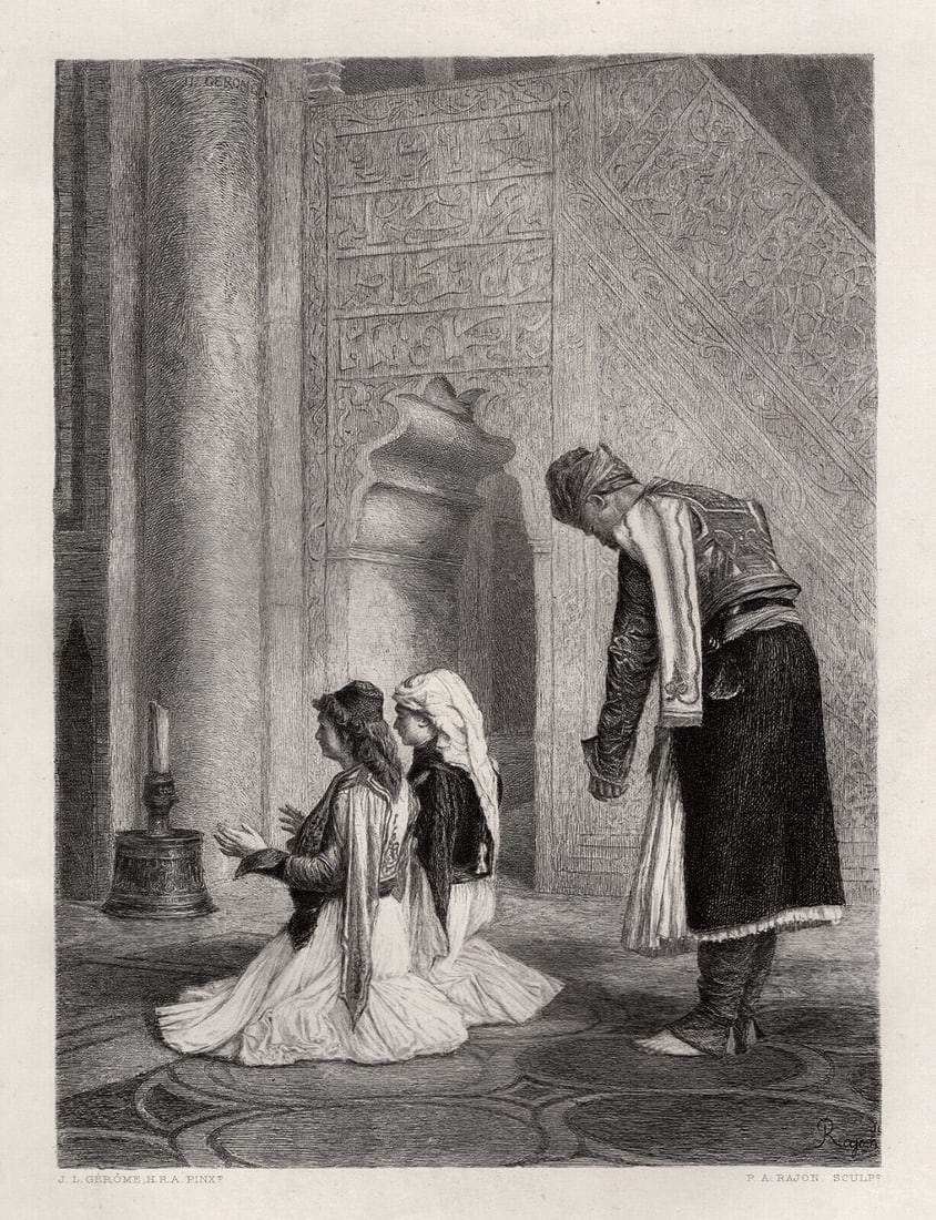 FRAMED 1800s Jean-Leon GEROME Etching Jeunes Grecs a la Mosquee SIGNED: Jean-Leon Gerome (French, 1824 – 1904). Greeks at Prayer (Jeunes Grecs à la mosquée). Antique etching on wove paper after the original by master etcher Paul Rajon (French, 1843-1888). Signed in th