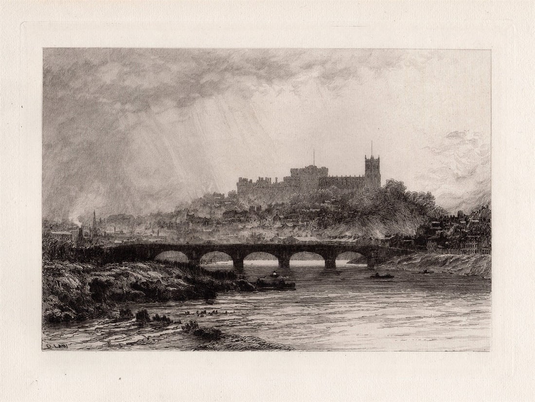 1881 David Law Lancaster etching signed: David Law. (Scottish, 1831-1901). Lancaster. Antique etching on thick wove paper. 1881. Signed in the plate lower left. Excellent. Image size 7 7/8 x 10 7/8 inches. Approximately 16 x 18inches. This p