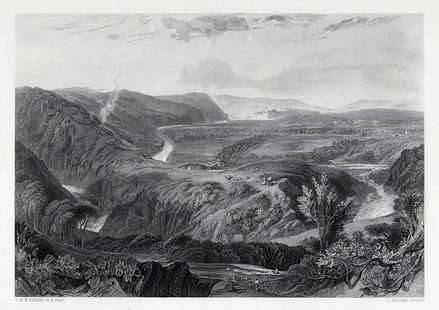 JMW TURNER 1800s Engraving Distant view of Hornby Castle Framed Signed: Joseph Mallord William Turner (English, 1775-1851). Crook of Lune, looking towards Hornby Castle. Antique engraving on wove paper after the original by master engraver John Wykeham Archer (British,