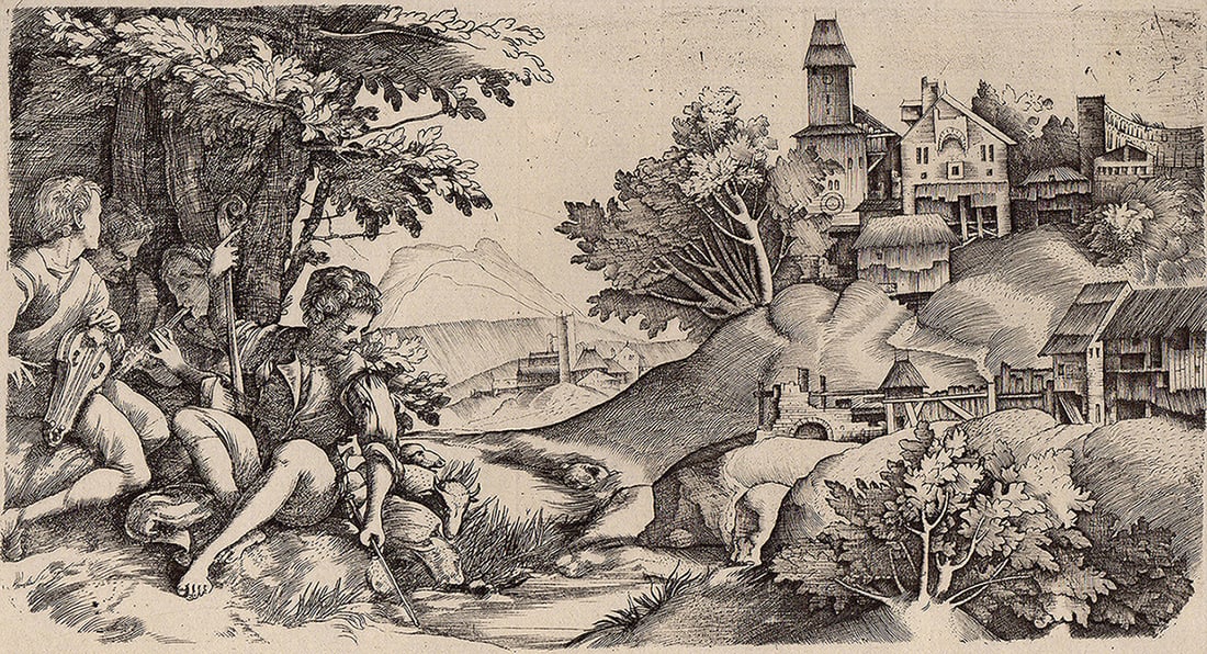 1876 Campagnola The Four Shepherds Durand Goring Unique: Giulio Campagnola (Italian, Padua ca. 1482-ca. 1515/18 Venice). At left four shepherds with musical instruments seated under a group of trees; at right a hilly landscape with buildings. (From Hermann