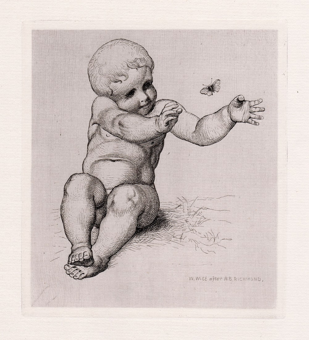Sir William Blake Richmond 1874 etching Child with a Butterfly signed: Sir William Blake Richmond. (English, 1842-1921). Child with a Butterfly. Antique etching on laid paper after the original drawing by master engraver WILLIAM WISE (British, 1832-1876). 1874. Signed in