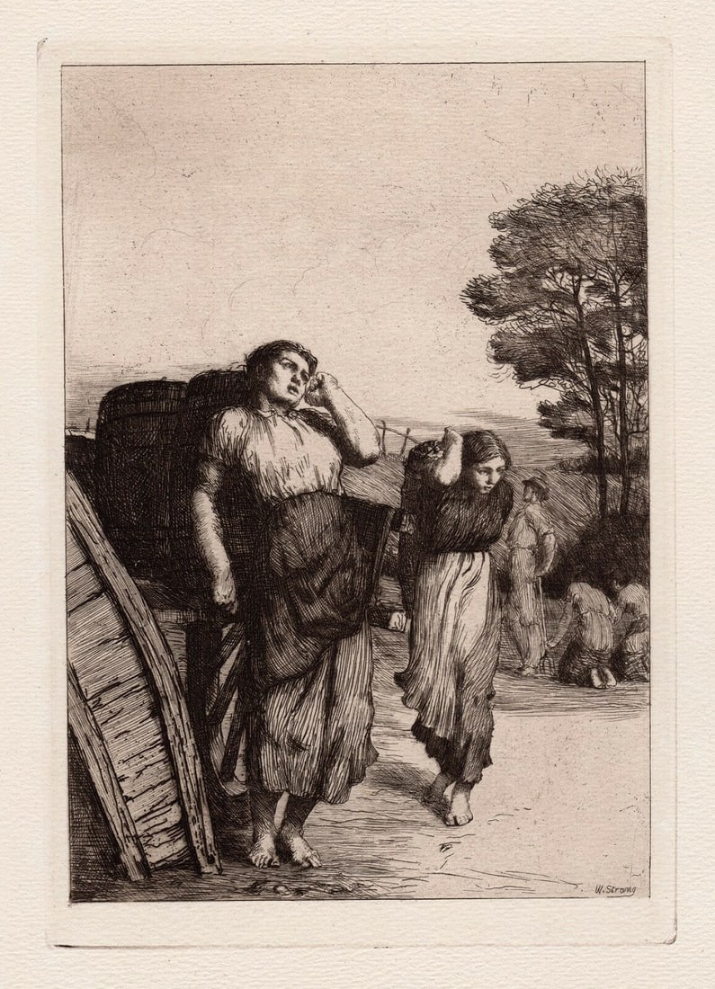 William Strang Lifting Potatoes 1886 Etching: William Strang (1859-1921). Lifting Potatoes. Original hand pulled copper plate etching on thick wove paper. Signed in the plate. 1882. Dimensions: Image Size 7 x 9 inches. Framing: Gallery framed and