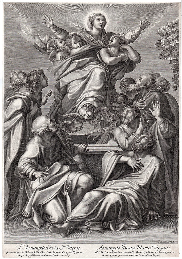 Annibale Carracci Assumption of the Virgin 1673 Engraving: Annibale Carracci (1506 - 1609, Italian). The Assumption of the Virgin. Antique engraving on laid paper after the original by master etcher/engraver Guillaume Chasteau (1635 - 1683). Year: 1673. Signe