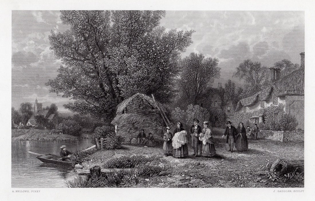 1872 Albert Bellows Christening Party engraving signed: Albert Fitch Bellows. (American, 1829 - 1883). The Christening Party. Antique engraving on thick wove paper after the original painting by master engraver John Saddler (British, 1813-1892). 1872. Sign