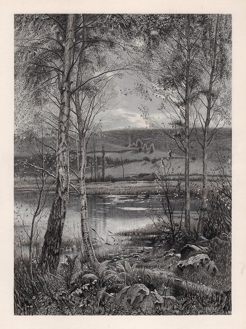 SIGNED 1800s Ernest PARTON Engraving Landscape with Birch Trees FRAMED: Ernest Parton (British, 1845-1938). The Waning of the Year. Antique engraving on wove paper after the original by master engraver John Saddler (British, 1813-1892). Year: 1883. Image size 7 x 9 5/8 in