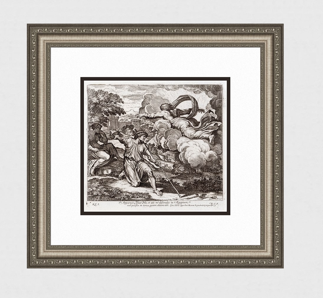 Raphael 1649 Engraving Vatican God appears to Isaac: Raphael (Italian, 1483-1520). God appears to Isaac and tells him not to go down into Egypt. Antique 1649 engraving on laid paper after the original from the series of etchings Biblical Scenes, after t