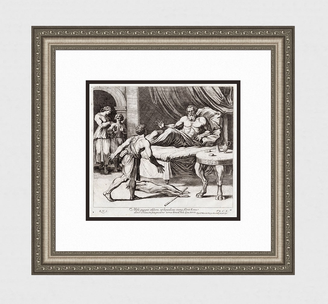 Raphael 1649 Engraving Vatican Esau Asks for a blessing: Raphael (Italian, 1483-1520). Esau Asks for a blessing. Antique 1649 engraving on laid paper after the original from the series of etchings Biblical Scenes, after the frescoes by Raphael in the Vatica