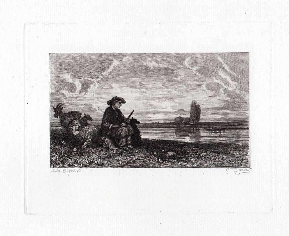 Jules Dupre The Shepherd etching signed: Jules Dupre. (French, 1811-1889). "The Shepherd". Etching on laid paper after the original by master etcher Gustave Greux (1838-1919). Signed in the plate under the image. Excellent Date: 1873. Image
