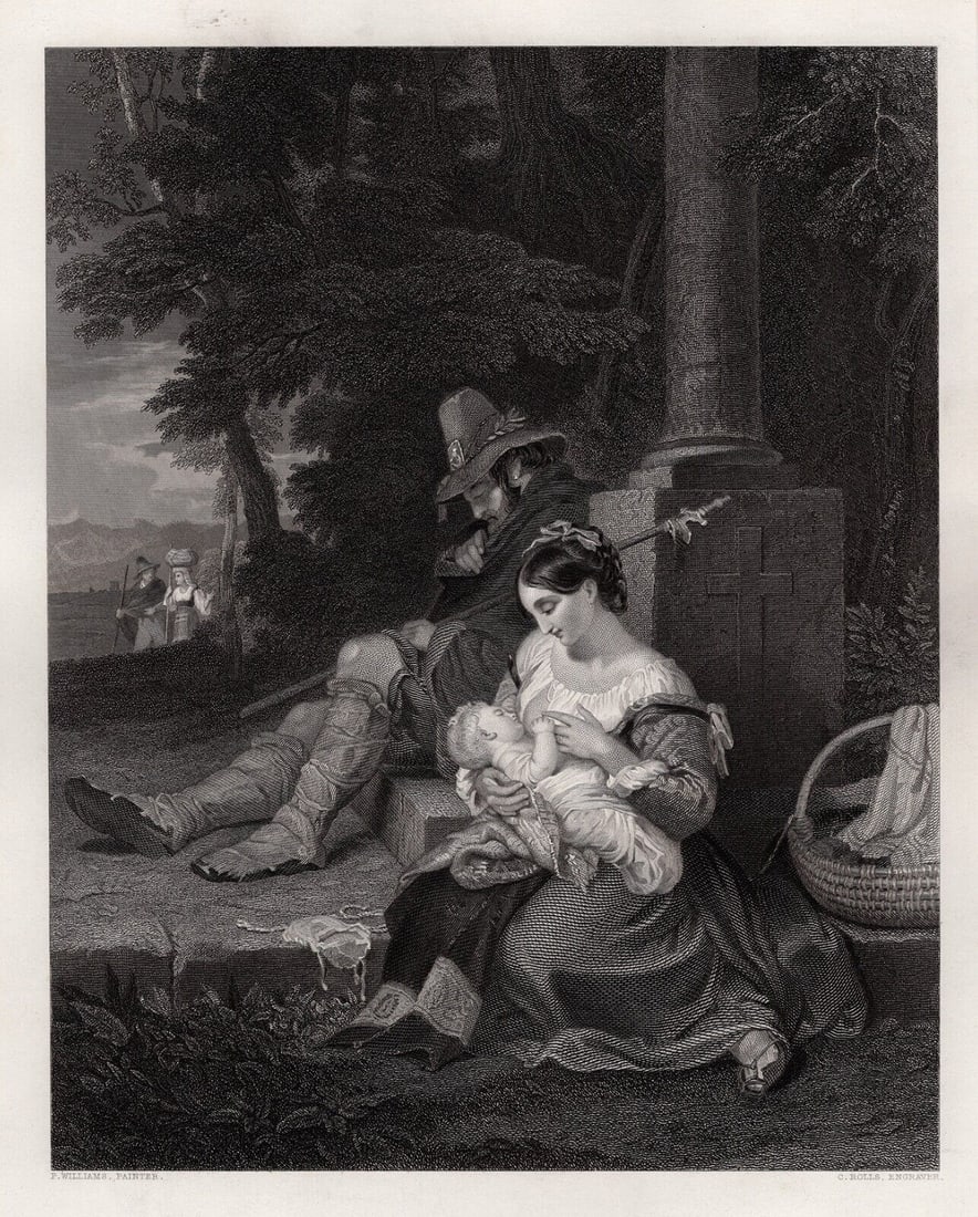 1800s PENRY WILLIAMS Engraving The Way-Side in Italy SIGNED FRAMED: Penry Williams (Welsh, 1802 – 1885). The Way-Side in Italy. Antique engraving on wove paper after the original oil paint on canvas by master engraver Charles Rolls (British, 1799-1828 fl. circa). Si