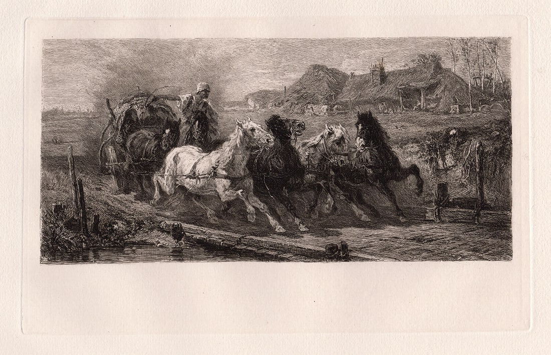 Adolf Schreyer Wallachian Posting 1879 etching: Adolf Schreyer. (Christian Adolf Schreyer) (German, 1828-1899). Wallachian Posting. Antique copper plate etching on thick laid paper after the original oil on canvas by master etcher William Unger (Ge