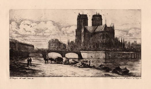 Charles Meryon Etching Historic Le Pont-au-Change, Paris Framed SIGNED: Charles Meryon (1821-1868). Le Pont-au-Change, Paris. Vintage etching on laid paper after the original by a Master Etcher.Year: 1926. Signed in the plate, lower left. Plate size 6 1/2 x 13 1/2 inches.