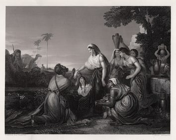 William Hilton 1800s Engraving Rebecca & Abraham's Servant Signed Framed