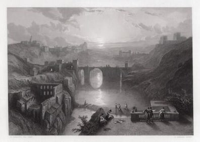 David Roberts 1800s Engraving Sunset, The Bridge of Toledo Signed Framed