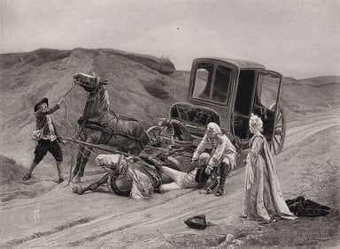 Jules Girardet 1800s Antique Print The Horse Carriage Accident SIGNED FRAMED