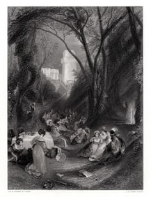 Joseph Mallord William Turner 1862 engraving The Birdcage, a Scene from Boccaccio signed