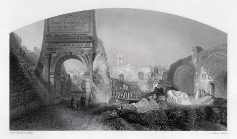 JMW TURNER 1800s Engraving View of Roman Forum Signed FRAMED