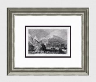 1800s WILLIAM TURNER Engraving Boscastle Fishing Port SIGNED Framed