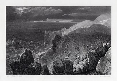 1800s William Turner Engraving Rocky Shoreline at Land's End FRAMED SIGNED