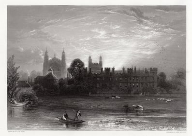 William Evans Eton College from the Lock 1857 Engraving Signed