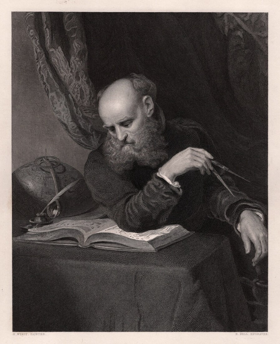 Henry Wyatt 1800s Engraving The Astronomer SIGNED FRAMED: Henry Wyatt (British, 1794-1840). The Astronomer. Antique engraving on wove paper after the original by master engraver by Robert Charles Belll (British, 1806 - 1872). Year: 1851. Image Size 7 3/4 x 9