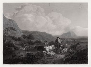 FRAMED 1800s Nicolaes Berchem Engraving PASTORAL LANDSCAPE Signed