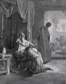 GUSTAVE DORE SIGNED 1800s Religious Woodcut Isaac Blesses Jacob FRAMED