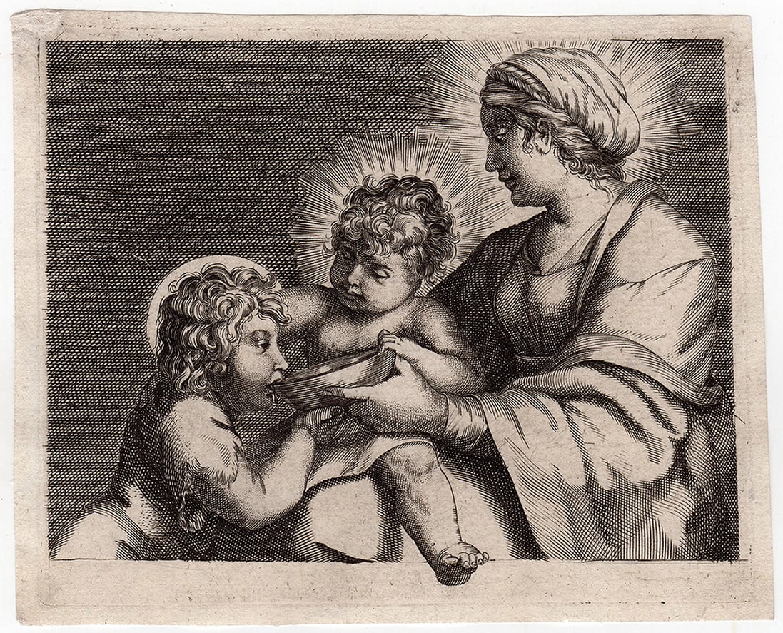 Annibale Carracci The Appearance of Christ to St. Peter engraving signed: Annibale Carracci. (Italian, 1560-1609). Madonna and Child with Saints Elizabeth and John the Baptist (Madonna della Scodella). Antique Engraving on Laid Paper after the Original by a Master Engraver.