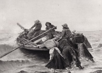 Georges Haquette 1800s Antique Print Going Fishing SIGNED Framed