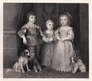 1800s Anthony Van Dyck Engraving Children of Charles 1st Signed Framed