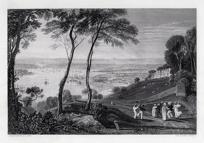 1800s William TURNER SIGNED Engraving View of Devonport England FRAMED