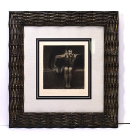 1800s Franz Von Stuck Original Etching LUCIFER Framed SIGNED
