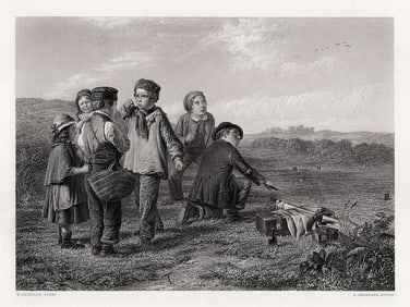 SIGNED 1800s William Hemsley Engraving Group of Young Bird Catchers FRAMED