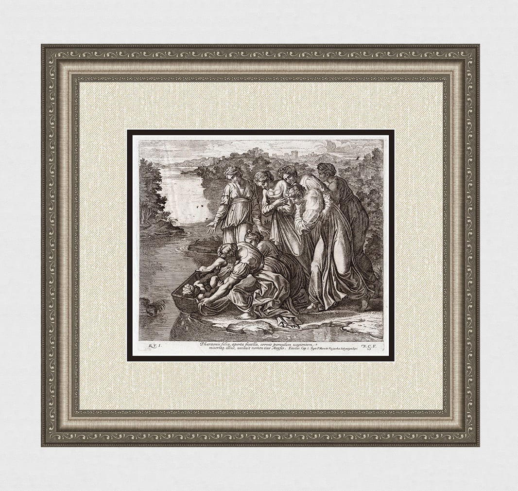 Raphael 1649 Engraving Vatican Baby Moses placed in the Nile in a basket: Raphael (Italian, 1483-1520). Baby Moses placed in the Nile in a basket . Antique 1649 engraving on laid paper after the original from the series of etchings Biblical Scenes, after the frescoes by Rap