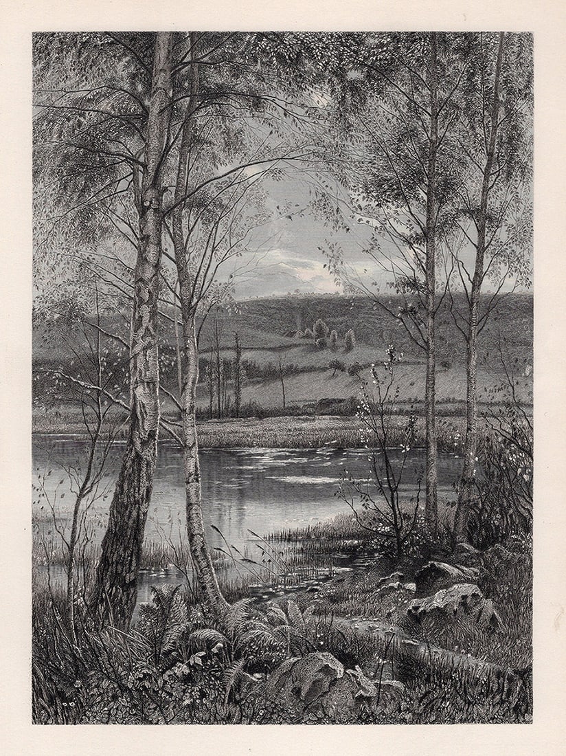 SIGNED 1800s Ernest PARTON Engraving Landscape with Birch Trees FRAMED: Ernest Parton (British, 1845-1938). The Waning of the Year. Antique engraving on wove paper after the original by master engraver John Saddler (British, 1813-1892). Year: 1883. Image size 7 x 9 5/8 in