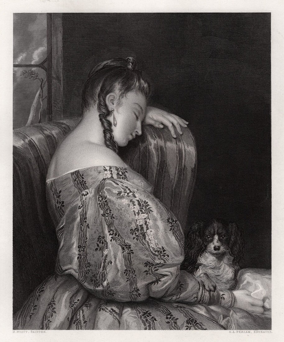 Henry Wyatt 1800s Engraving The Fair Sleeper Framed Signed: Henry Wyatt (Britihs, 1794-1840). The Fair Sleeper. Antique engraving on wove paper after the original master engraver by George Austen Periam (British, 1801- d. after 1853). Year: 1851. Signed in the