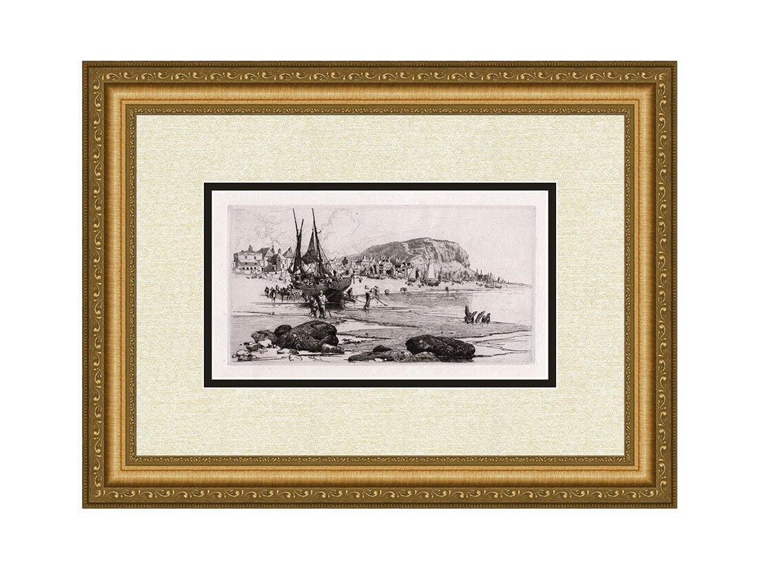 Stephen Parrish Hastings 1885 etching: Stephen Parrish. (American, 1846 -1938). Hastings. Antique Hand Pulled copper plate etching on thick laid paper. 1885. Excellent. Image size 5 1/2 x 10 1/2 inches. Approximately 14 x 20 inches. This p