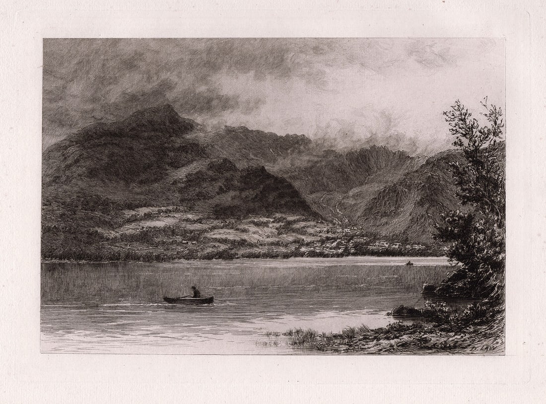 David Law Coniston 1881 etching: David Law. (Scottish, 1831-1901). Coniston. Hand pulled copper plate etching on laid paper. 1881. Signed in the plate lower right. Excellent. Image Size 7 3/4 x 10 3/4 inches. Framed dimensions approx