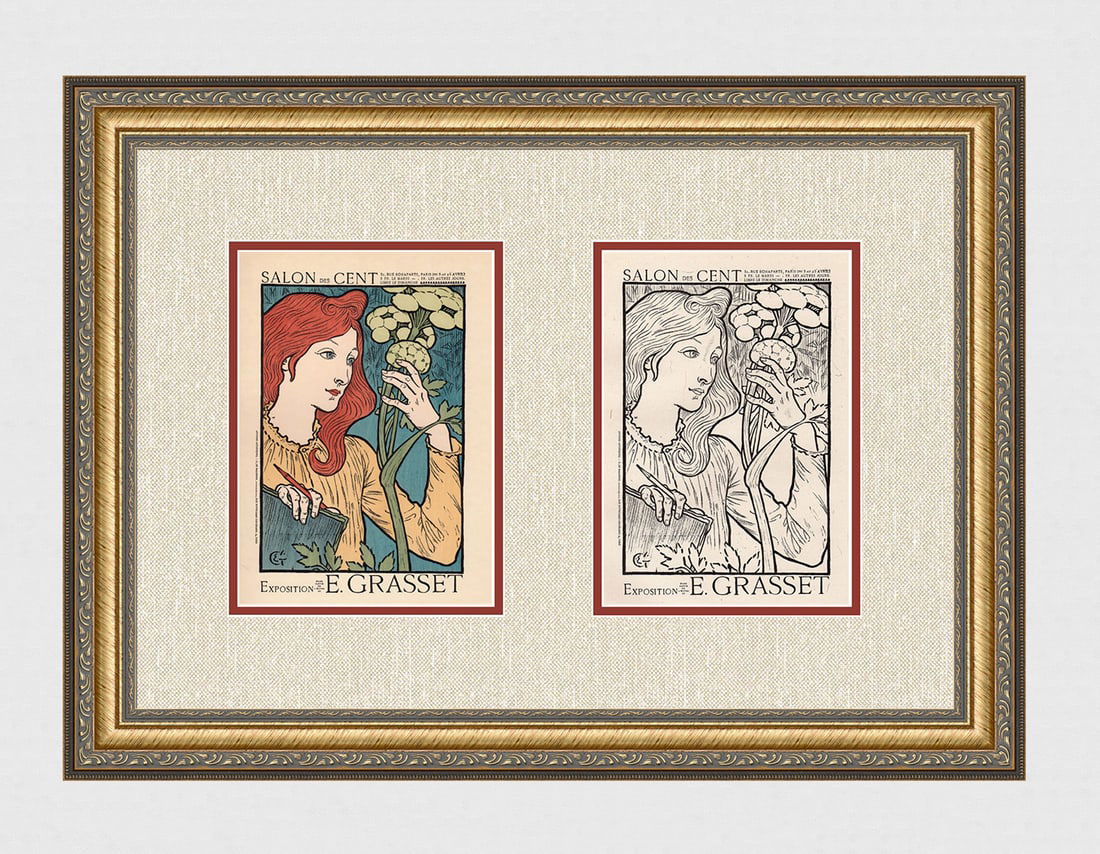 1896 Eugene Grasset Salon des Cent one of 25 on Japon with proof: Eugene Grasset (Swiss, 1845 - 1917). Salon des Cent. Stone lithograph on Japon Paper. Extremely rare. One of only 25 printed on Japon paper and accompanied by single color proof. Year Printed: 1896. C