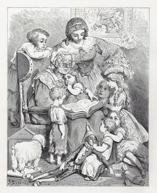 Gustave Dore Family Storytelling 1880 Wood Engraving Signed