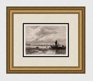 DAVID LAW 1800s Etching "Fishing Boats off Whitby" SIGNED FRAMED