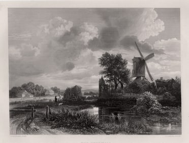 1800s RUISDAEL Engraving Landscape with Pond & Windmill Signed Framed