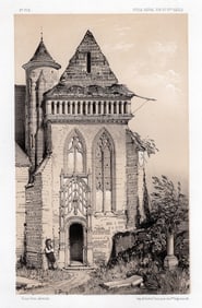 1800s V PETIT Original Lithograph Portal of Church Of Villiers Framed SIGNED