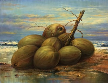 Detailed Villaflor Bacci Original Oil Painting Coconut Sunset 40 x 30