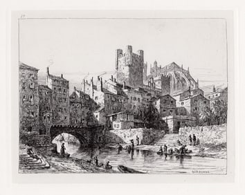 Sir Ernest George Narbonne. Old Houses, Hotel de Ville, and Catherdarl 1875 etching