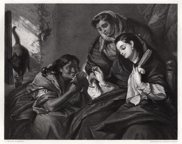 FRAMED 1800s John Phillip Engraving READING THE CARDS Signed