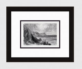 SIGNED 1800s WILLIAM TURNER Engraving Clovelly Bay, Devonshire FRAMED