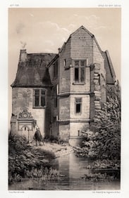 1800s Original V. PETIT SIGNED Lithograph Manor of Sousmont, Calvados FRAMED