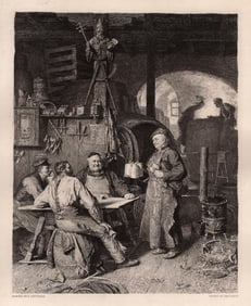 1800s Eduard GRUTZNER Etching The Monk's Appreciation FRAMED