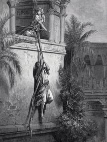 1800s DORE Religious Wood Engraving David Fleeing from King Saul FRAMED SIGNED