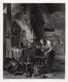 1800s HENRI LEYS SIGNED Engraving The Village Armourer FRAMED